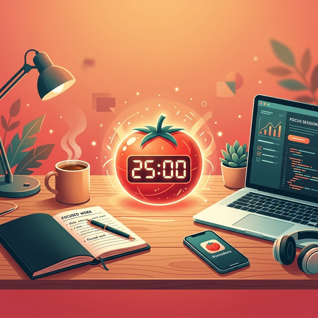 The Pomodoro Technique — a red tomato timer on a productive desk setup
